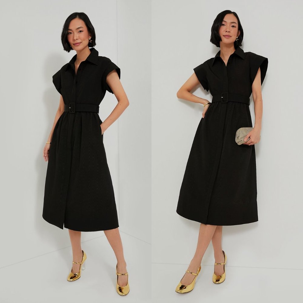 Tuckernuck | Black Chloe Midi Collared Belted Elegant Classy Shirt Dress Size XS